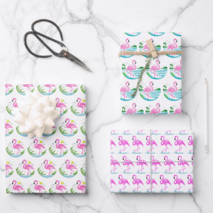 Feuille De Papier Cadeau 3 motifs de flamant rose tropical