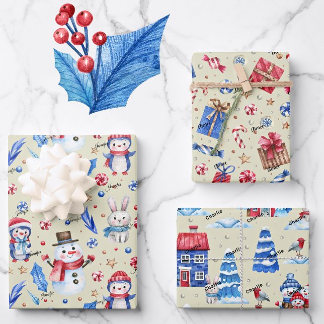 Feuille De Papier Cadeau 3 Noms, Pingouins Mis Rabbits Bleu Rouge Vacances (Créateur téléchargé)