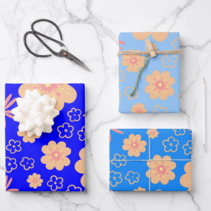 Feuille De Papier Cadeau 3 Pack Bleu Orange Motif Floral