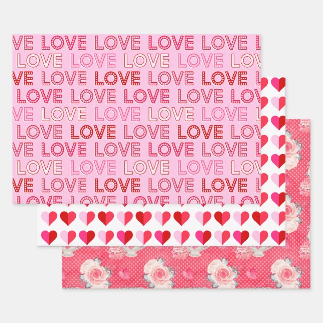 Feuille De Papier Cadeau 3 Pack Saint Valentin - Coeurs, Roses et AMOUR (Lot)