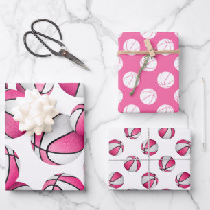 Feuille De Papier Cadeau 3 pc coordination équipe rose couleurs basketball
