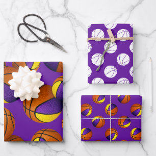Feuille De Papier Cadeau 3 pc coordonnant des boules de basket en or violet