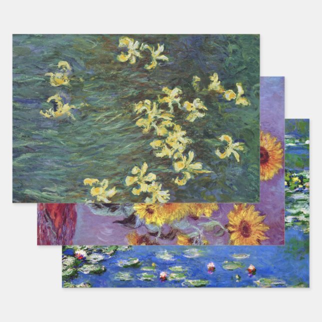 Feuille De Papier Cadeau 3 Peintures de fleurs différentes par Claude Monet (Lot)