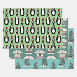 Feuille De Papier Cadeau 3 Pingouins amusants Noël