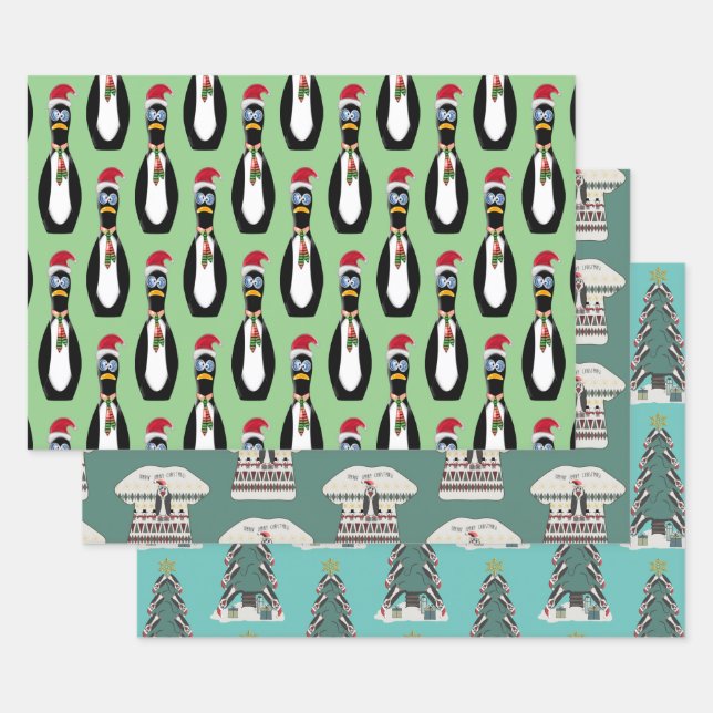 Feuille De Papier Cadeau 3 Pingouins amusants Noël (Lot)
