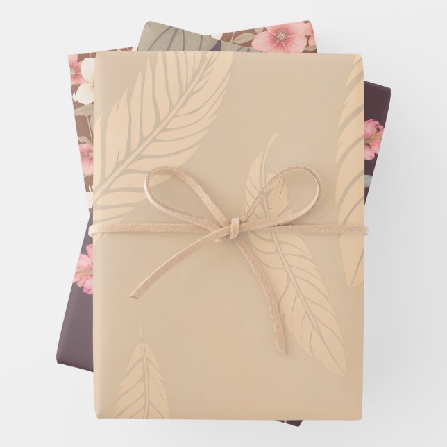 Feuille De Papier Cadeau 3 Sheet Feather & Flower Wrapping Paper (En situation)