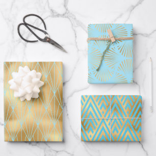 Feuille De Papier Cadeau 3 styles d'or, de bleu Turquoise et de bleu clair 