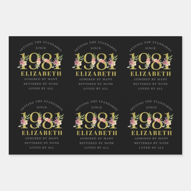 Feuille De Papier Cadeau 40e anniversaire 1981 Black Gold Floral Personnali (Devant)