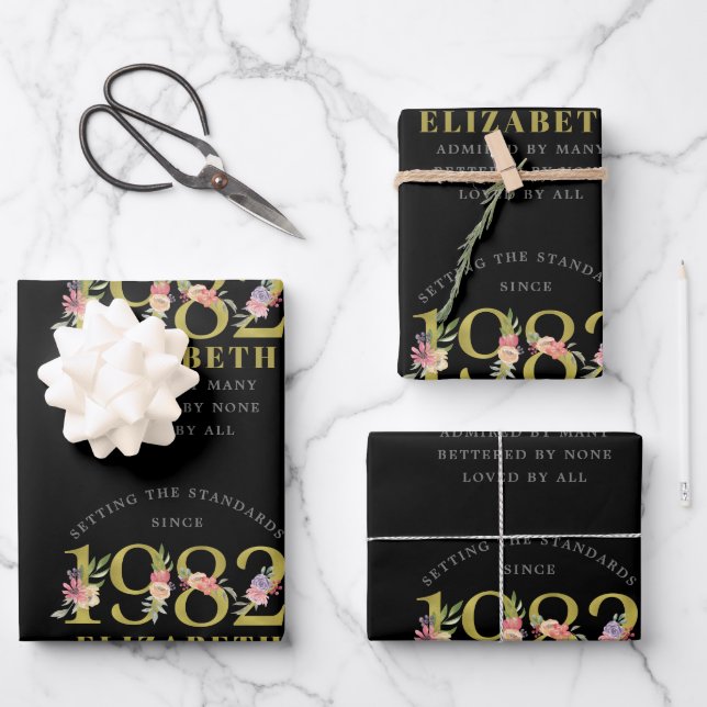 Feuille De Papier Cadeau 40e anniversaire 1982 Black Gold Floral Personnali (Recto)