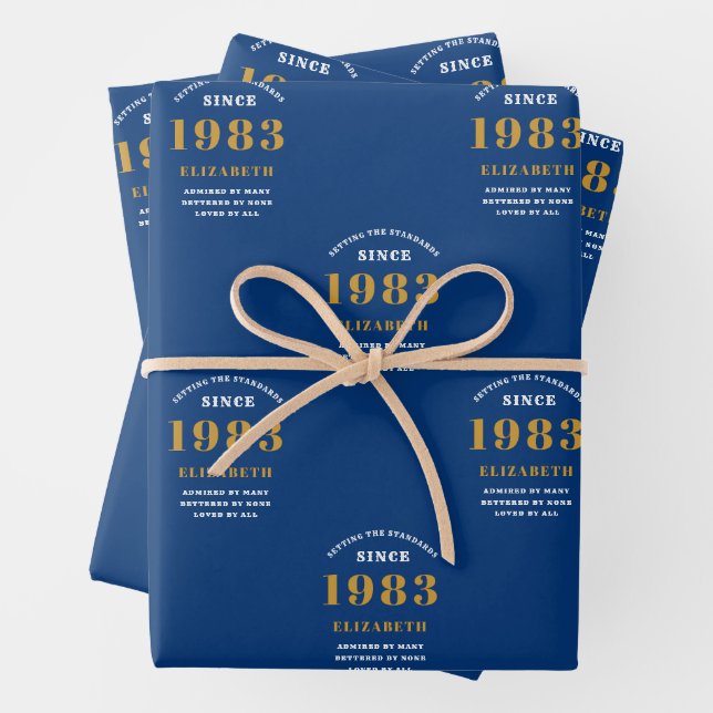 Feuille De Papier Cadeau 40e anniversaire 1983 Blue Gold Chic Elegant (En situation)