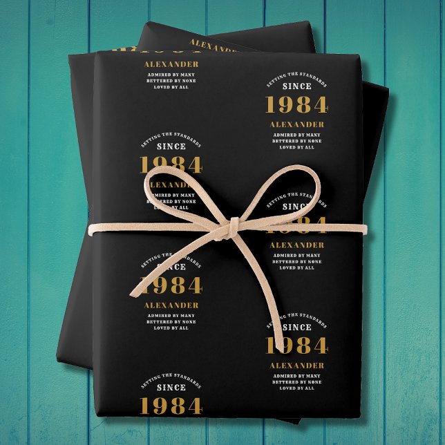 Feuille De Papier Cadeau 40e anniversaire 1984 Black Gold Chic Elegant (40th Birthday Chic 1984 Themed Black & Gold Elegant Wrapping Paper Sheets. Fully personalized.)