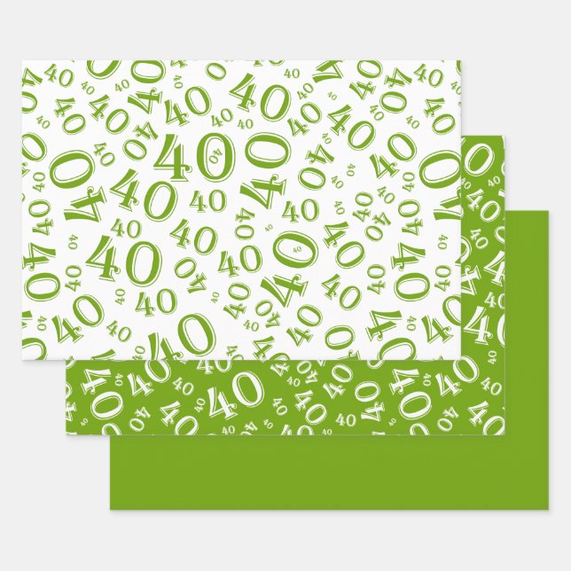 Feuille De Papier Cadeau 40e anniversaire Green & White Number Motif 40 (Lot)