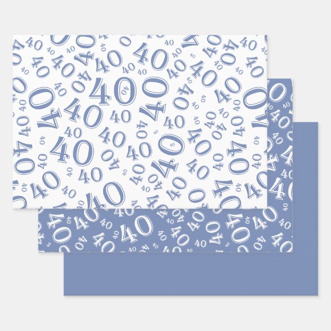 Feuille De Papier Cadeau 40e anniversaire Numéro bleu et blanc Motif 40 (Lot)
