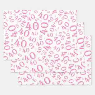 Feuille De Papier Cadeau 40e anniversaire Pink/White Random Numéro Motif 40