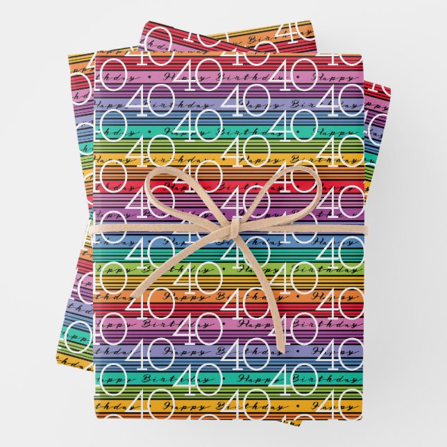 Feuille De Papier Cadeau 40e anniversaire Rainbow Stripes (En situation)