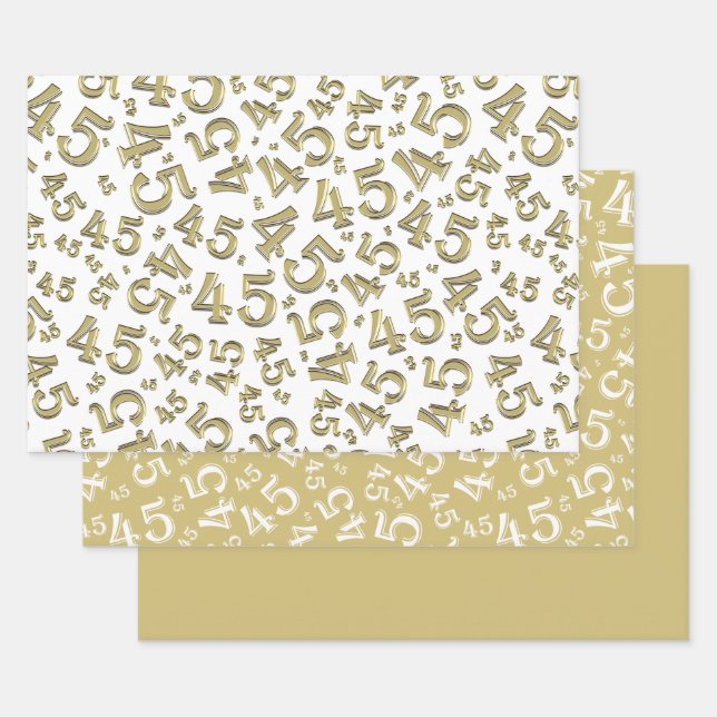 Feuille De Papier Cadeau 45e anniversaire Gold/White Random Number Motif 45 (Lot)