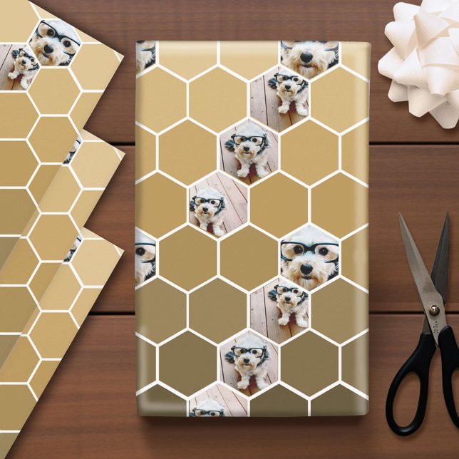 Feuille De Papier Cadeau 4 Photo Collage - Hexagone motif d'or Wrapp (Custom Photo Wrapping Paper)