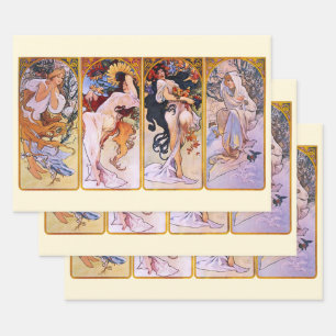 Feuille De Papier Cadeau 4 saisons par Alphonse Mucha, Art Nouveau Vintage