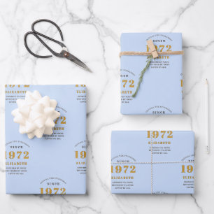 Feuille De Papier Cadeau 50e anniversaire 1972 Elégant Gold Blue Grey