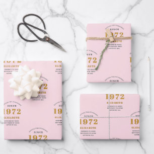 Feuille De Papier Cadeau 50e anniversaire 1972 Elégant Gold rose Grey