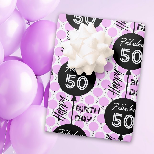 Feuille De Papier Cadeau 50e anniversaire Ballons roses (Créateur téléchargé)