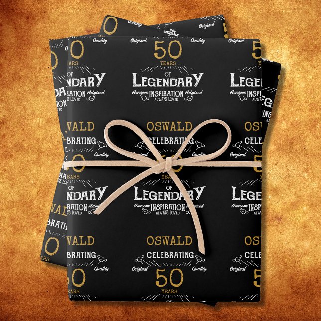 Feuille De Papier Cadeau 50e anniversaire Black Gold Legendary Retro (50th Birthday Black Gold Legendary Retro Wrapping Paper Sheets)