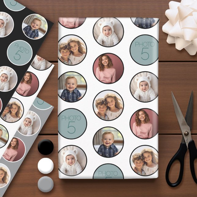 Feuille De Papier Cadeau 5 Photo Bordure Cercle - Blanc Noir (Custom Photo Wrapping Paper - Add a Photo Collage)