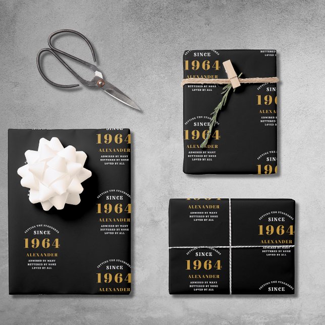 Feuille De Papier Cadeau 60e anniversaire 1964 Black Gold Chic Elegant (60th Birthday Chic 1964 Themed Black & Gold Elegant Wrapping Paper Sheets.)