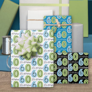 Feuille De Papier Cadeau 60e anniversaire chiffres bleu vert