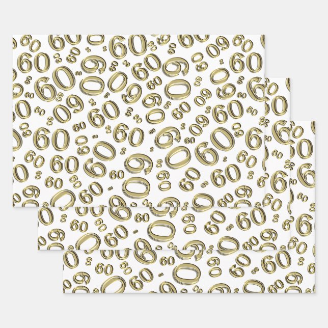 Feuille De Papier Cadeau 60e anniversaire Gold/White Random Number Motif 60 (Lot)