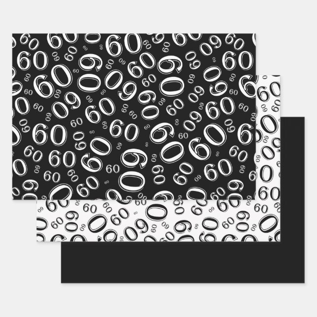 Feuille De Papier Cadeau 60e anniversaire noir et blanc Motif 60 (Lot)