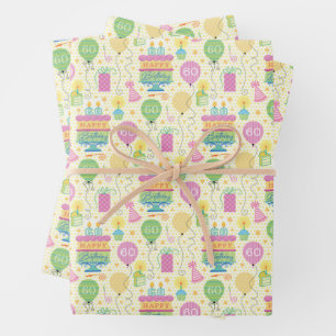 Feuille De Papier Cadeau 60e Anniversaire Nombre Bougies Cake Balloon