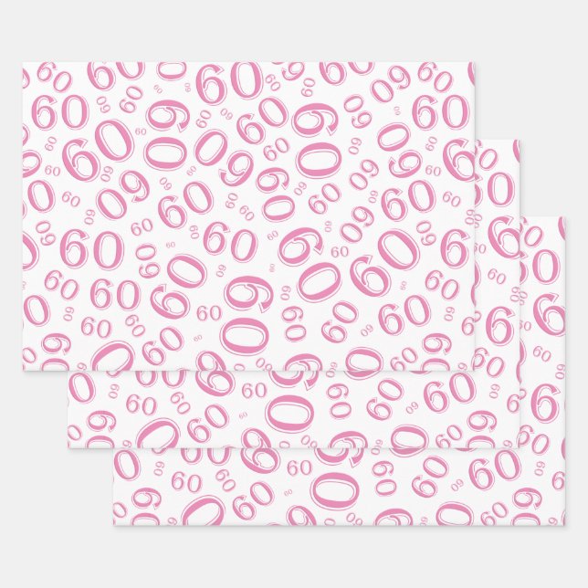 Feuille De Papier Cadeau 60e anniversaire Pink/White Random Number Motif 60 (Lot)