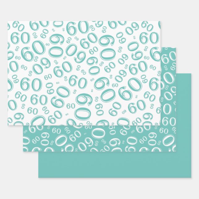 Feuille De Papier Cadeau 60e anniversaire Turquoise & blanc Numéro Motif 60 (Lot)