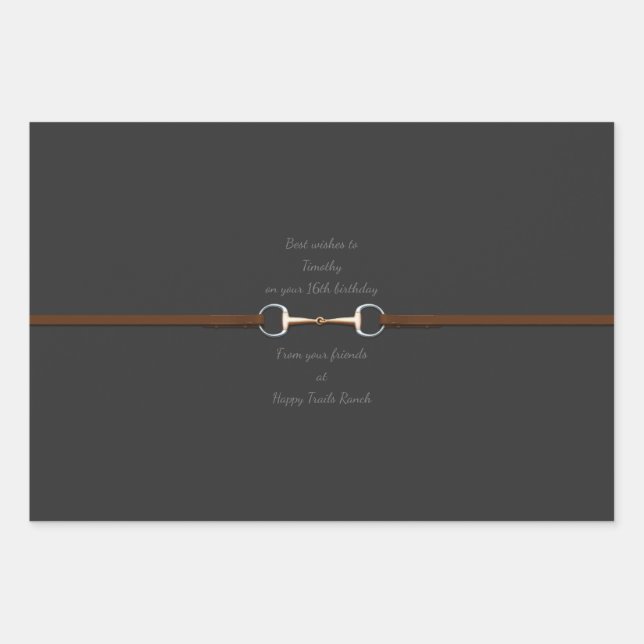 Feuille De Papier Cadeau 6" Snaffle Bit & Reins Texte Personnalisé Equestre (Devant)