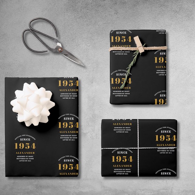 Feuille De Papier Cadeau 70e anniversaire 1954 Black Gold Chic Elegant (70th Birthday Chic 1954 Themed Black & Gold Elegant Wrapping Paper Sheets.)