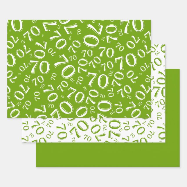 Feuille De Papier Cadeau 70e anniversaire Green & White Number Motif 70 (Lot)
