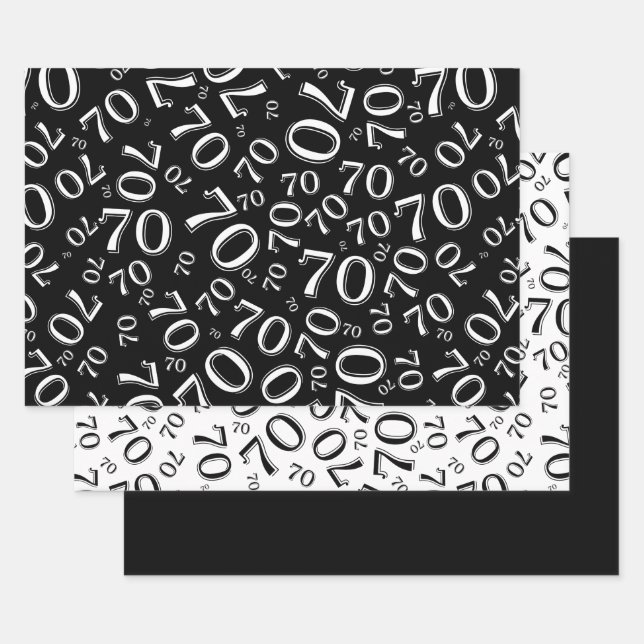 Feuille De Papier Cadeau 70e anniversaire noir et blanc Motif 70 (Lot)