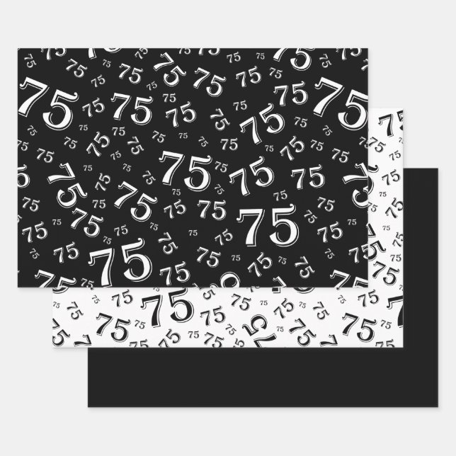 Feuille De Papier Cadeau 75e anniversaire Noir et blanc Motif numérique 75 (Lot)