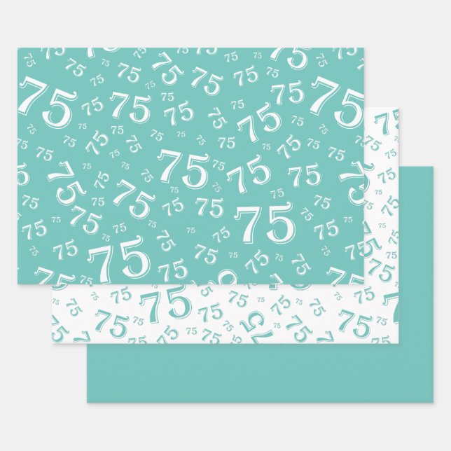 Feuille De Papier Cadeau 75e anniversaire Turquoise & blanc Motif 75 (Lot)