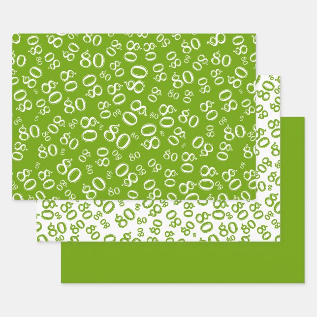 Feuille De Papier Cadeau 80e anniversaire Green & White Number Motif 80 (Lot)