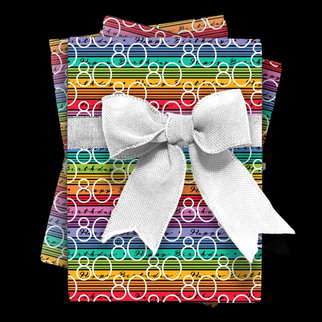 Feuille De Papier Cadeau 80e anniversaire Rainbow Stripes (Créateur téléchargé)