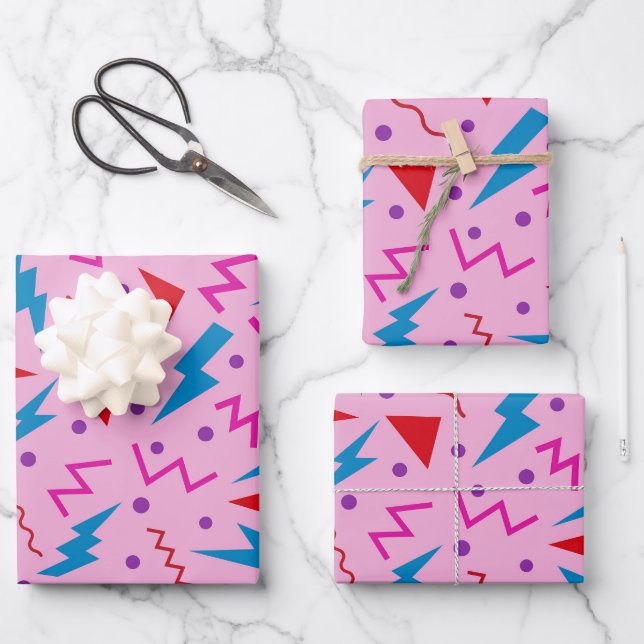 Feuille De Papier Cadeau 80s 90s Memphis style géométrique rose (Recto)