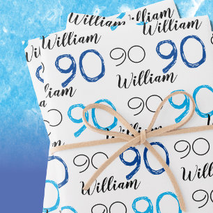 Feuille De Papier Cadeau 90e anniversaire Bleu thème personnalisé Nom de l'