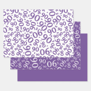 Feuille De Papier Cadeau 90e anniversaire Motif de nombres aléatoires viole