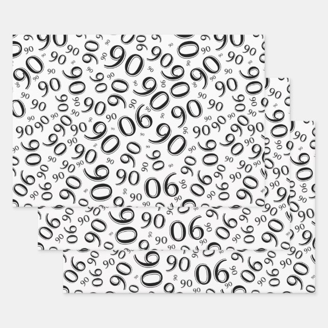 Feuille De Papier Cadeau 90e anniversaire noir et blanc Motif de nombre alé (Lot)