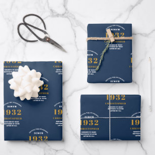 Feuille De Papier Cadeau 90th Birthday 1932 Blue Gold For He Ajouter un nom