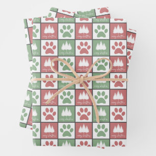 Feuille De Papier Cadeau à damiers Arbre de Noël empreinte de patte rouge e