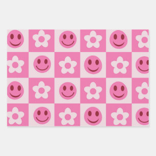 Feuille De Papier Cadeau à damiers fleurs et visages heureux rose