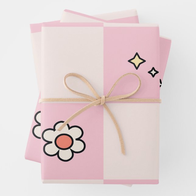 Feuille De Papier Cadeau à damiers marguerites roses (En situation)